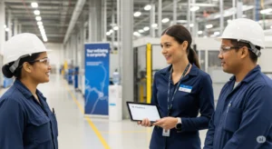 gestora de RH colhe o feedback de trabalhadores com EPI em fábrica