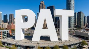 sigla PAT como letras arquitetônicas no meio da cidade.