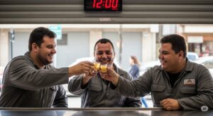 trabalhadores brindam com cachaça no boteco ao meio dia
