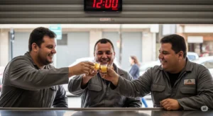trabalhadores brindam com cachaça no boteco ao meio dia