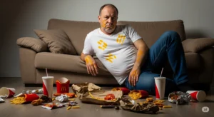 Homem 45 anos careca sobrepeso compulsão alimentar fast food no sofa