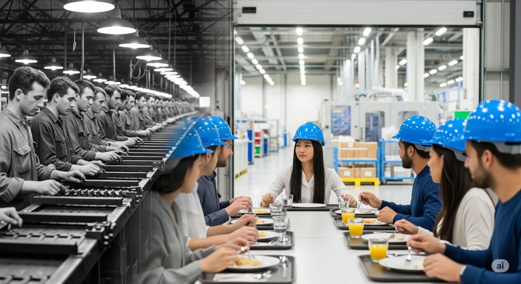 transição entre imagem linha de produção tylorista e refeitorio fábrica humanizada