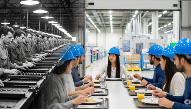 transição entre imagem linha de produção tylorista e refeitorio fábrica humanizada
