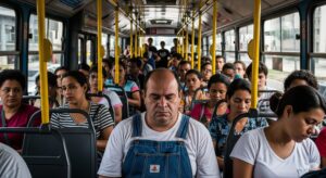 homem careca chateado em transporte público lotado no almoço
