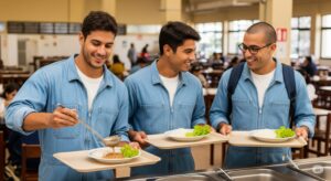 três trabalhadores se divertem montando prato de arroz, feijão e alface em restaurante corporativo