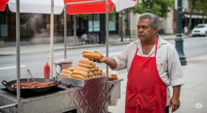 senhor oferecendo cachorro quente de barraquinha insalubre