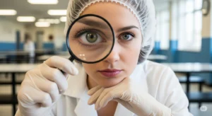 nutricionista jaleco luvas de latex touca de cabelo observa com lupa refeitorio tercerizado