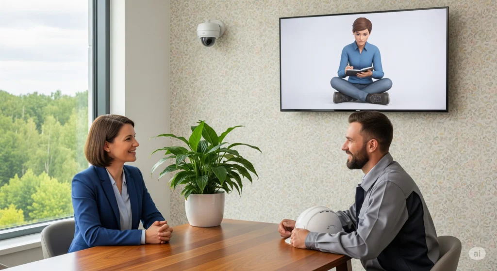 RH entrevistando trabalhador com IA anotando a entrevista