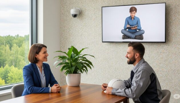 RH entrevistando trabalhador com IA anotando a entrevista